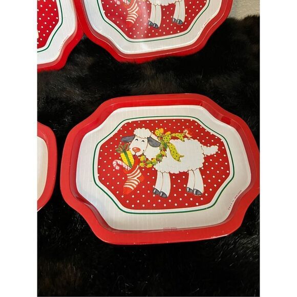 Vintage 1988 Christmas Sheep Tin Snack Trays B Of A, Inc. 6" x 7.5" Set of 4 - Picture 2 of 3